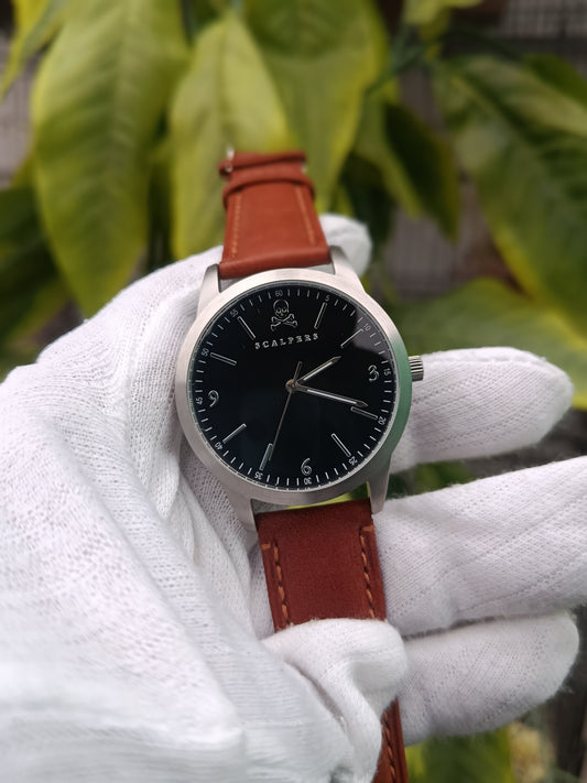 Scalpers Men’s Analog Watch – Black Dial with Brown/Tan Leather Strap