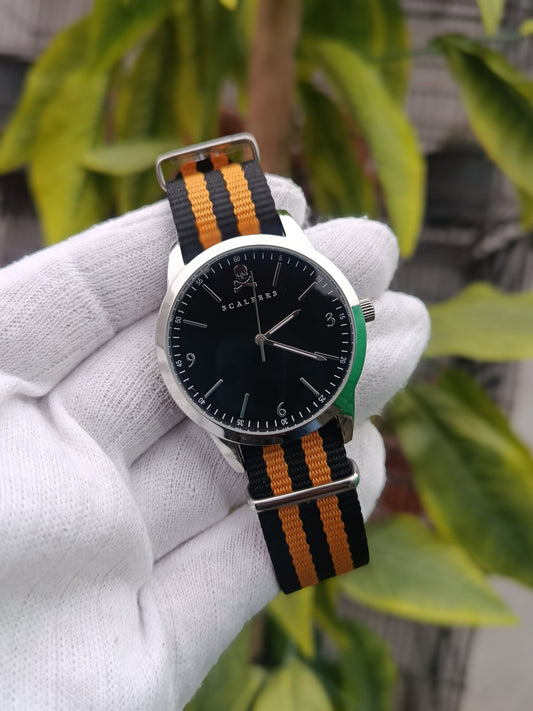 Scalpers Men’s Watch – Black Dial with Black & Orange NATO Strap