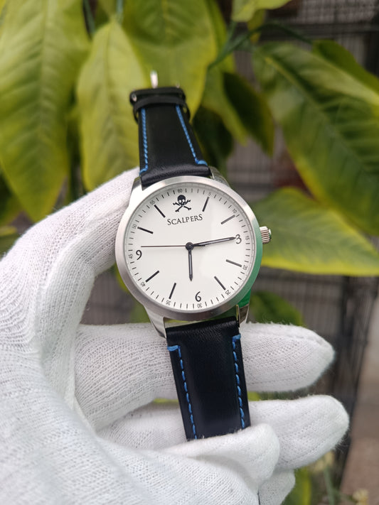 Scalpers Men’s Watch – White Dial with Black Strap & Blue Stitching