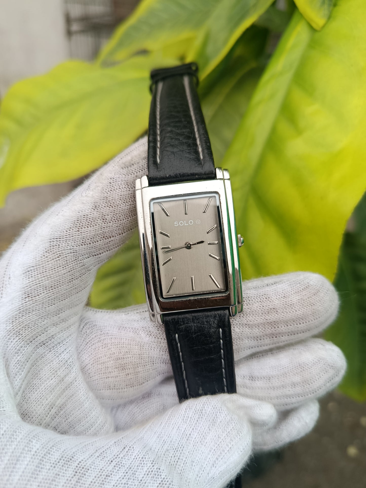 SOLO Unisex Steel Tank Watch – Black Faux Leather Strap