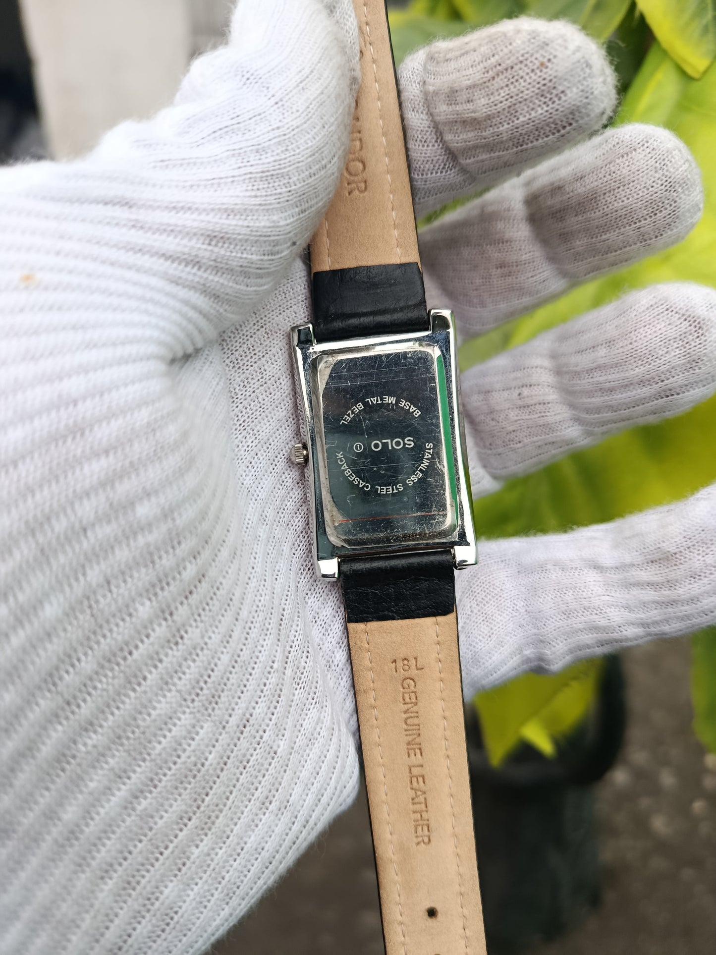 SOLO Unisex Steel Tank Watch – Black Faux Leather Strap