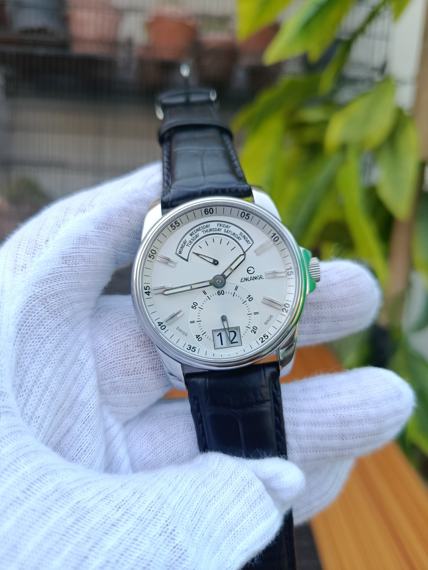Enlange Swiss-Made Men’s Sport Watch Black Leather Strap