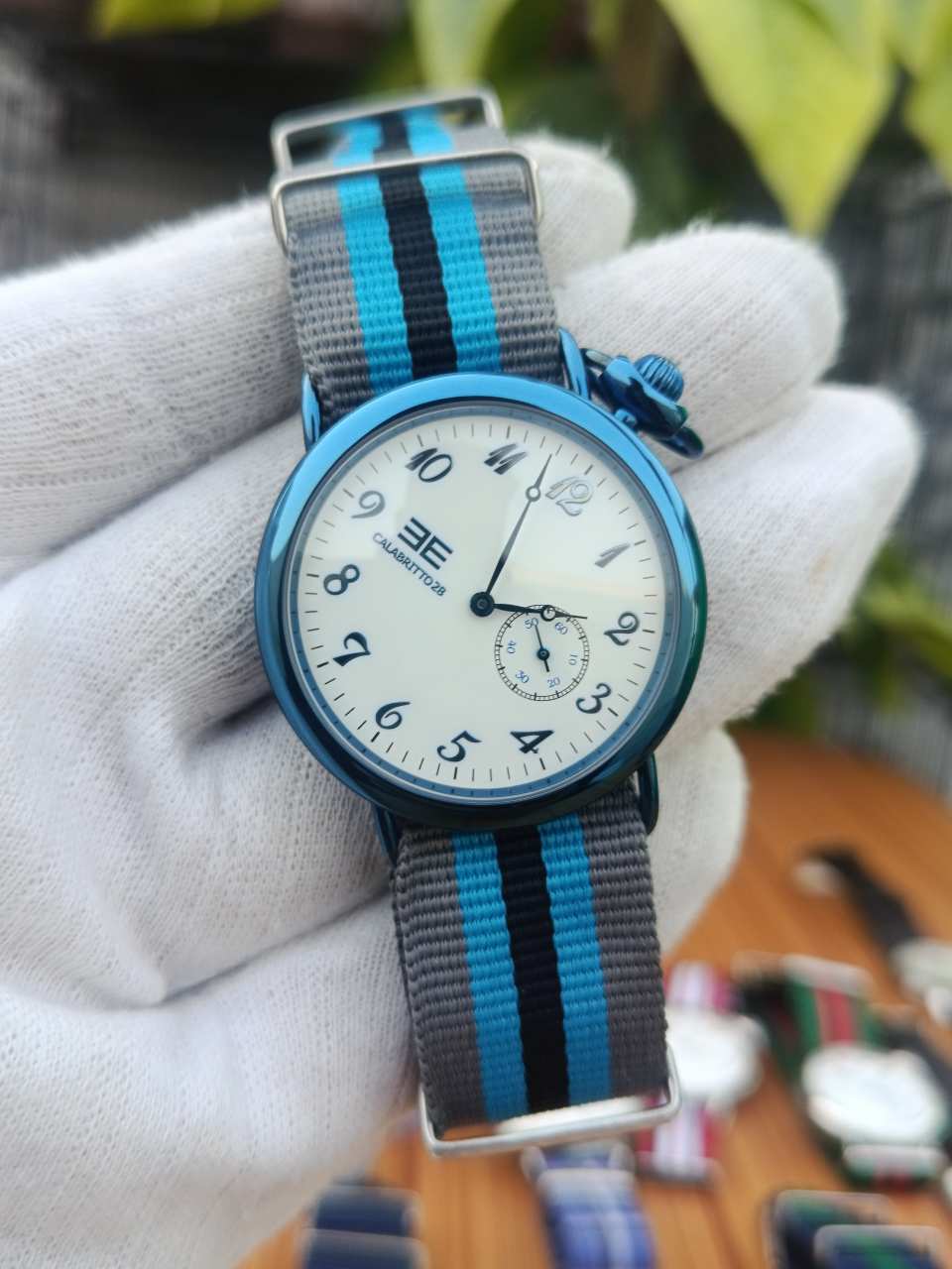 Calabritto 28 Blue Case Watch with Grey, Black & Blue NATO Strap