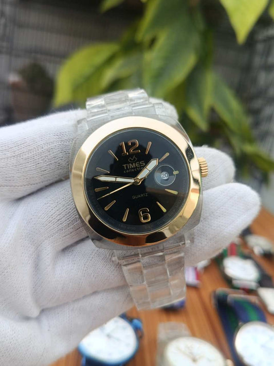 Times Collection Quartz Watch Black Dial with Gold-Tone Bezel
