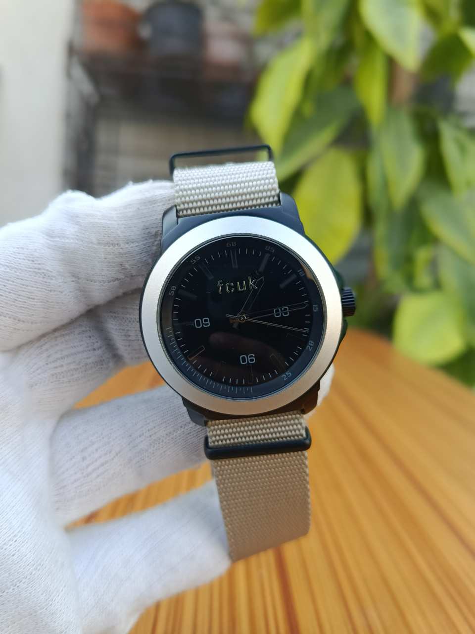 French Connection (FCUK) Analog Watch Black Dial with Beige Nylon Strap