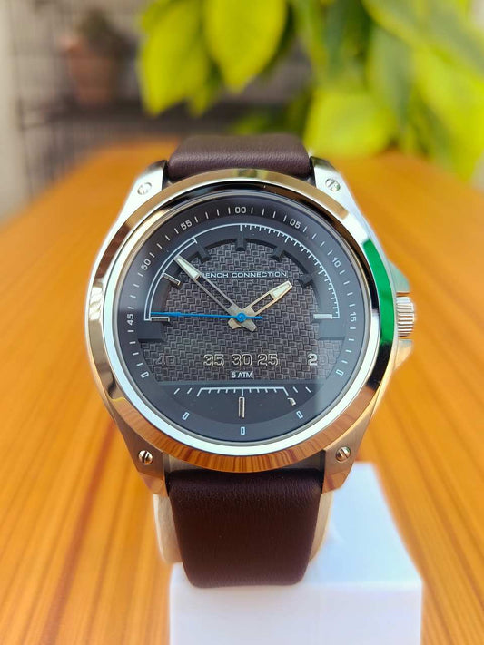 French Connection Men’s Analog Watch Gold-Tone Case with Brown Leather Strap.