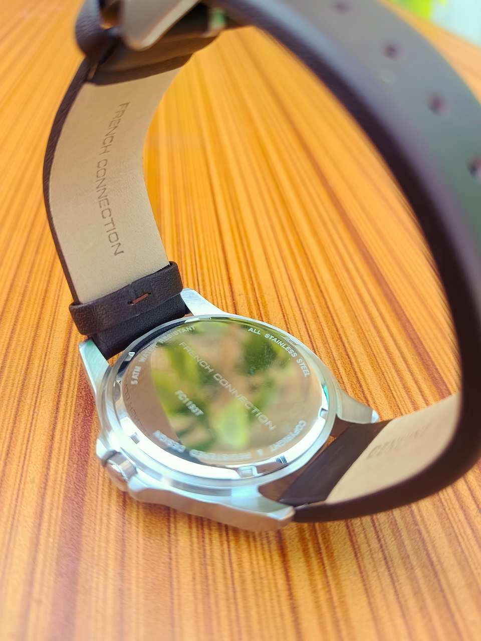 French Connection Men’s Analog Watch Gold-Tone Case with Brown Leather Strap.