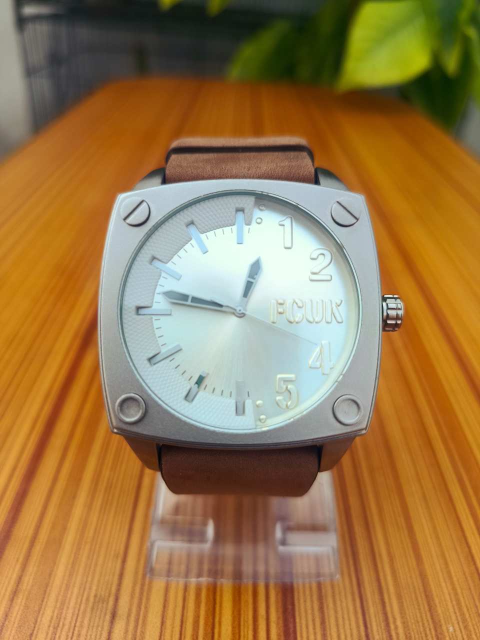 FCUK Square Case Watch Silver-Tone with Brown Leather Strap