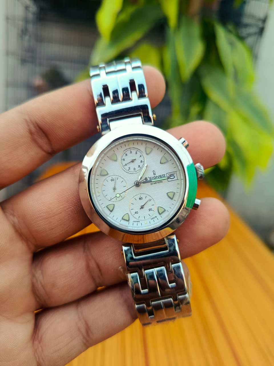 D,Signer Men’s Chronograph Watch White Dial with Stainless Steel Band