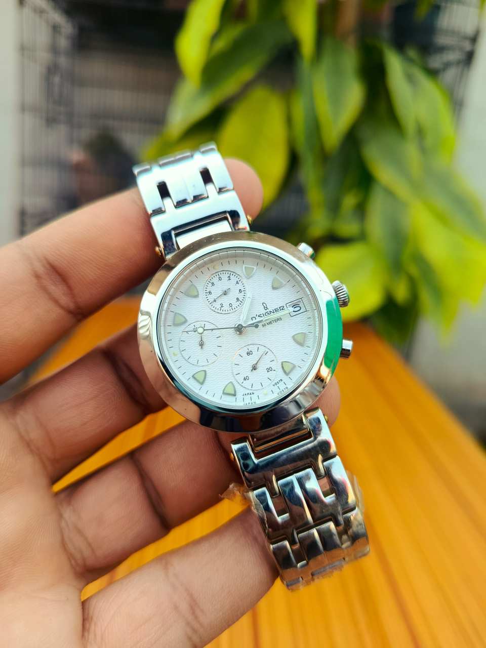 D,Signer Men’s Chronograph Watch White Dial with Stainless Steel Band