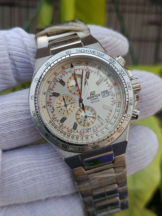 Casio Edifice Men's Flight Computer Chronograph Watch – Silver White Dial with Cream Sub-Dials