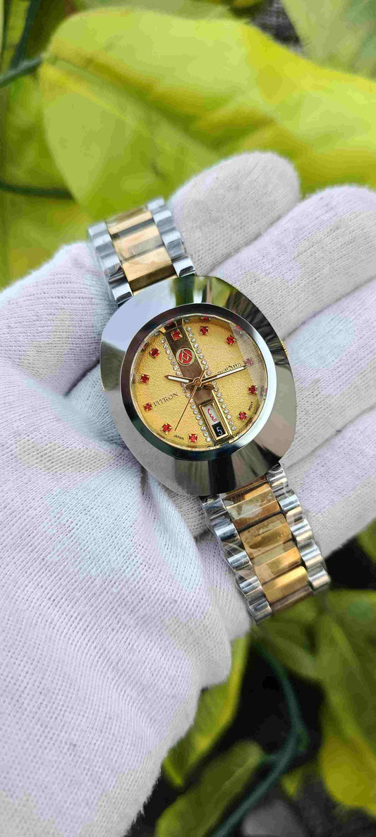 Fitron Diastar Men's Watch – Champagne Dial, Red Ruby & Crystal Markers, Japan Movement, Day-Date, Two-Tone Silver & Gold Bracelet