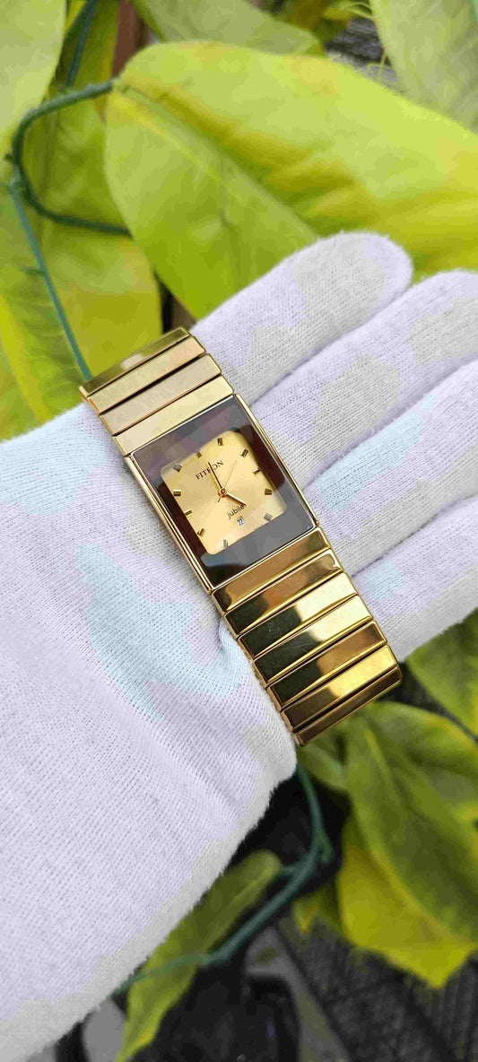 Fitron Jubilee Watch – Full Gold-Tone, Rectangle Tank Case, Champagne Dial, Gold Baton Markers, Date Display