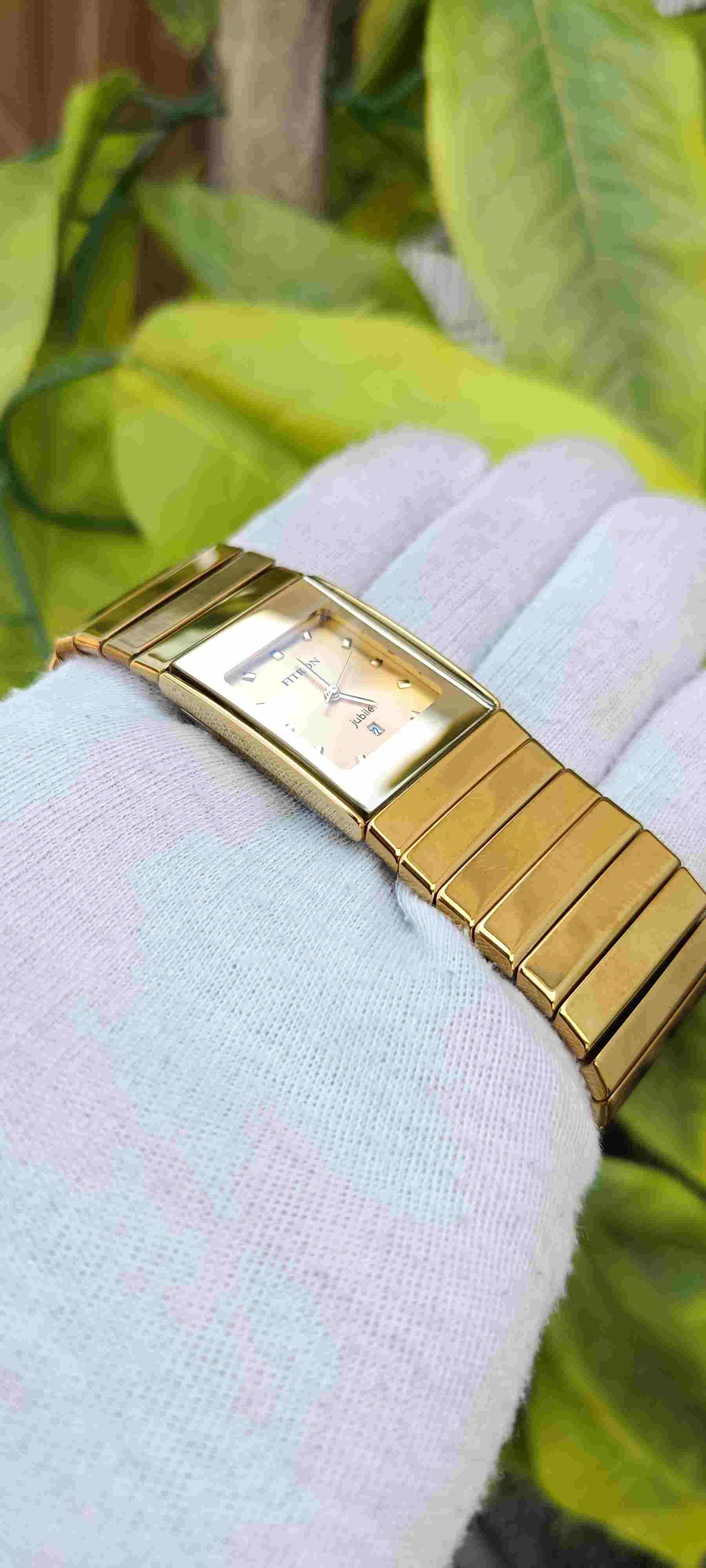 Fitron Jubilee Watch – Full Gold-Tone, Rectangle Tank Case, Champagne Dial, Gold Baton Markers, Date Display