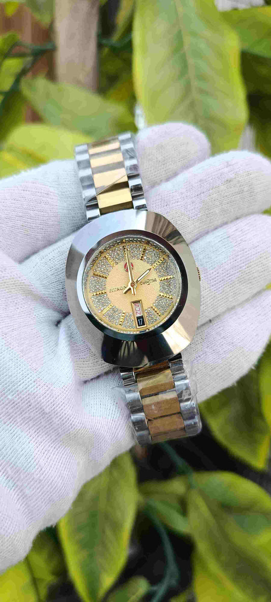 Fitron Diastar Men's Watch – Champagne Gold Crystal Paved Dial, Day-Date, Two-Tone Silver & Gold Bracelet, Round Case