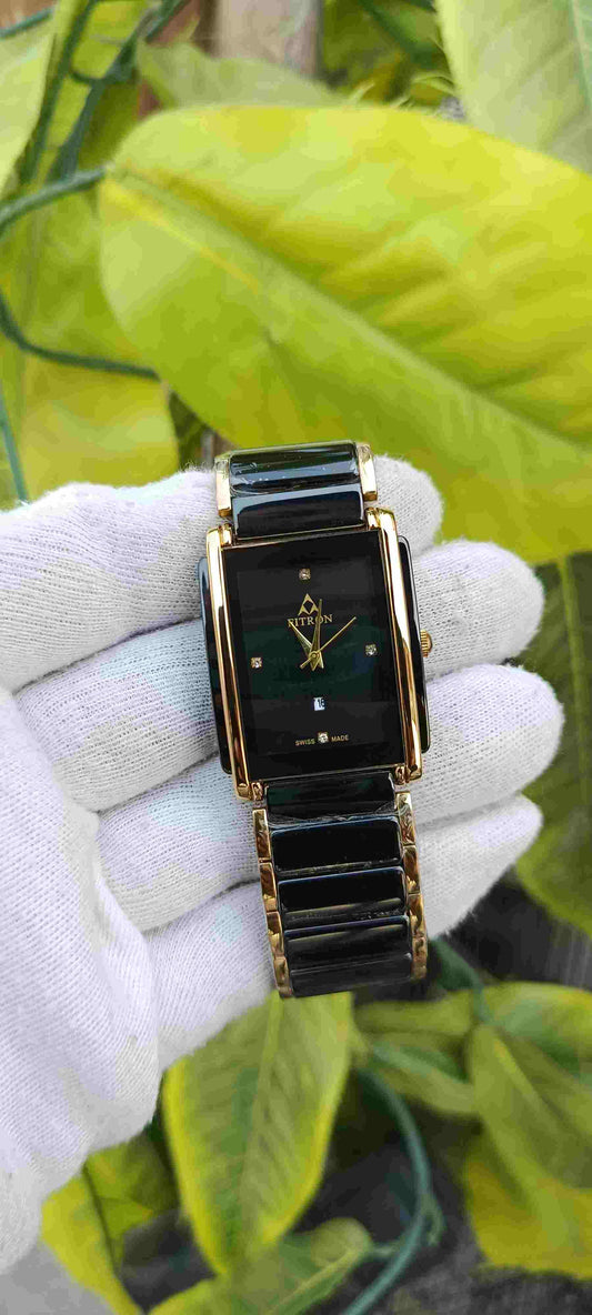 Fitron Swiss Made Men's Ceramic Watch – Black & Gold Two-Tone, Rectangle Case, Crystal Diamond Markers, Date Display