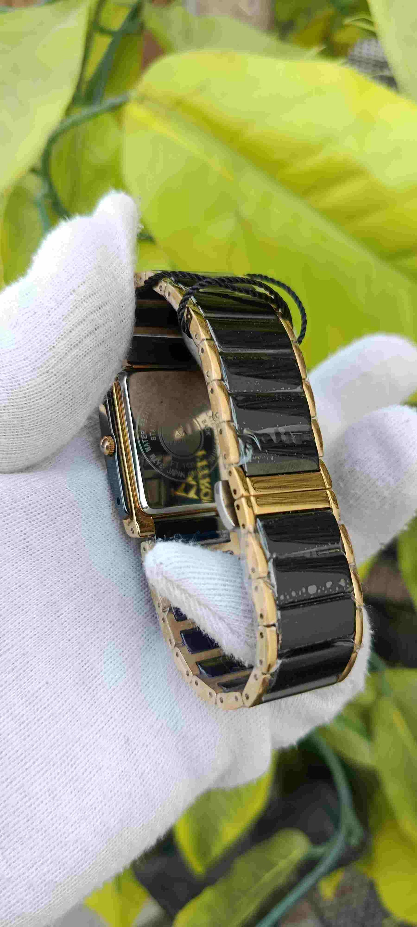Fitron Swiss Made Men's Ceramic Watch – Black & Gold Two-Tone, Rectangle Case, Crystal Diamond Markers, Date Display