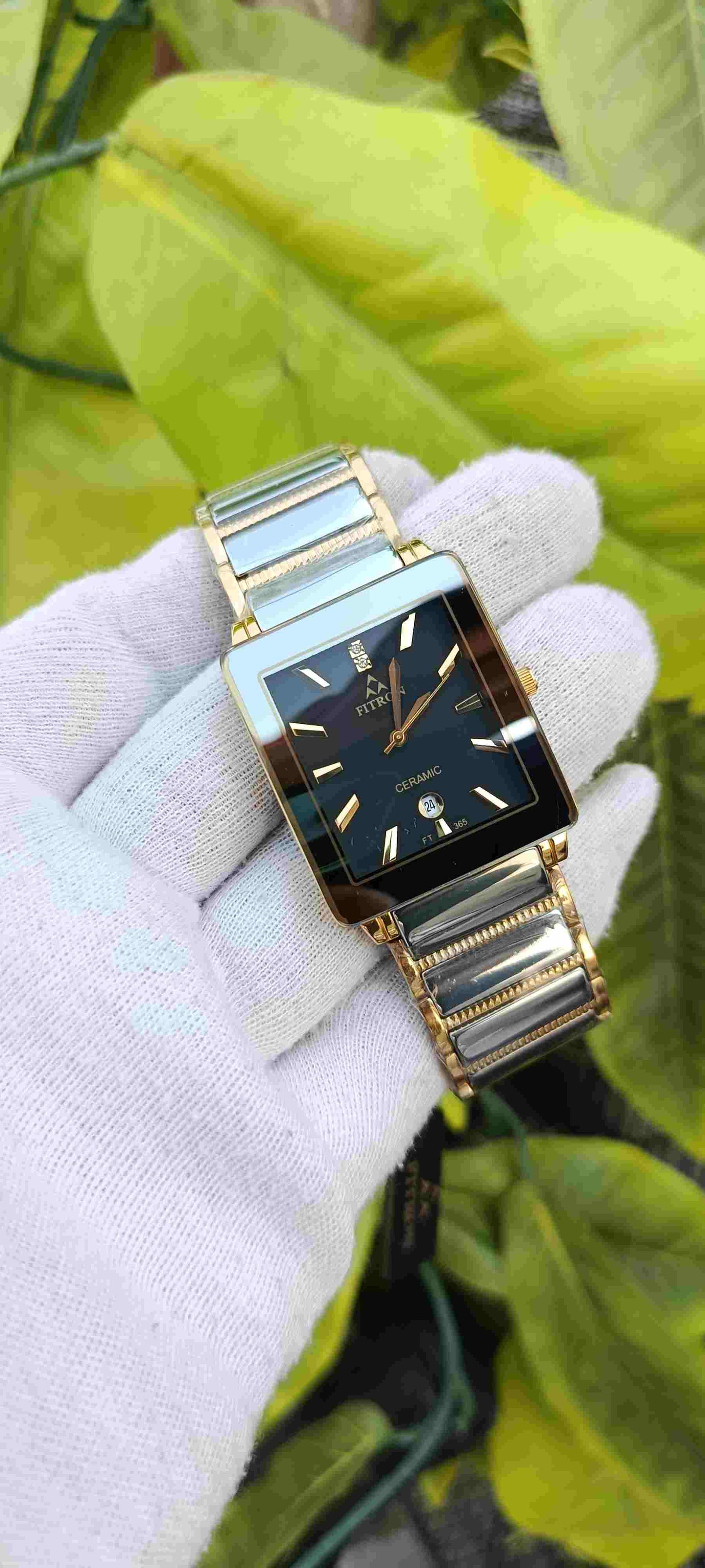 Fitron Ceramic FT-385 Watch – Black Dial, Rectangle Case, Gold Baton Markers, Grey Ceramic & Gold Two-Tone Bracelet, Date Display