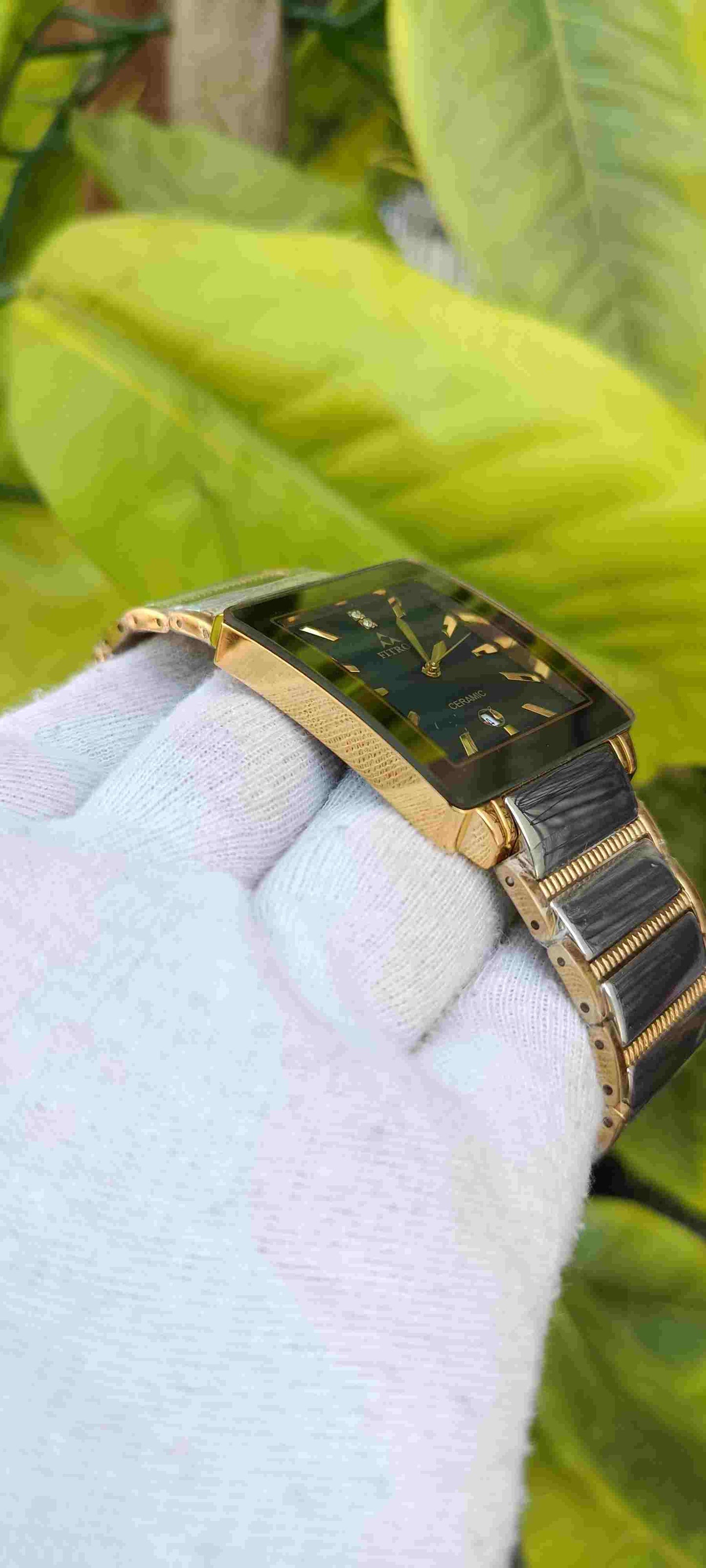 Fitron Ceramic FT-385 Watch – Black Dial, Rectangle Case, Gold Baton Markers, Grey Ceramic & Gold Two-Tone Bracelet, Date Display