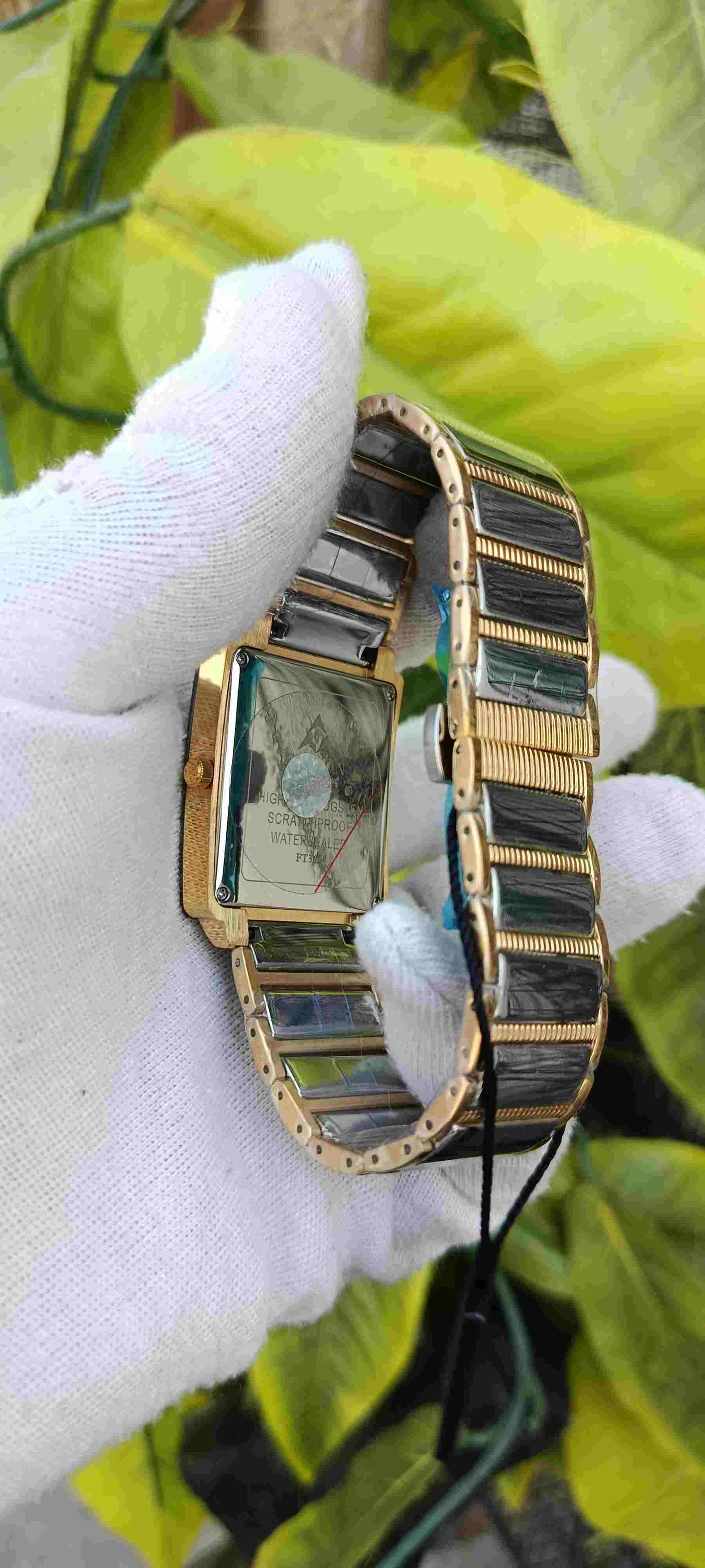 Fitron Ceramic FT-385 Watch – Black Dial, Rectangle Case, Gold Baton Markers, Grey Ceramic & Gold Two-Tone Bracelet, Date Display