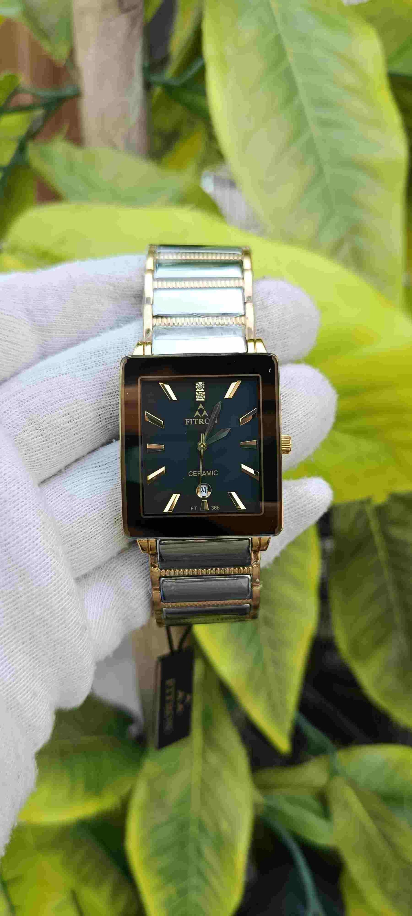 Fitron Ceramic FT-385 Watch – Black Dial, Rectangle Case, Gold Baton Markers, Grey Ceramic & Gold Two-Tone Bracelet, Date Display