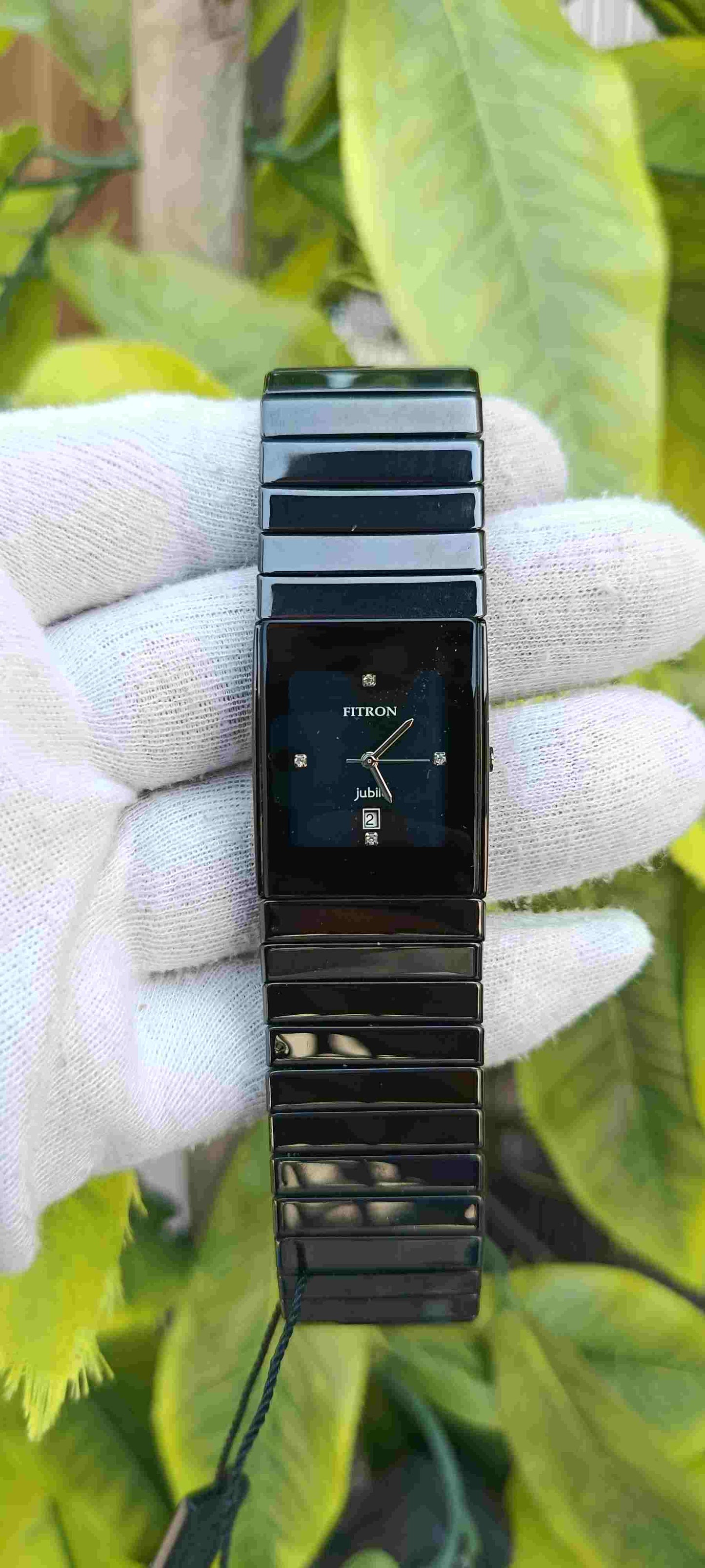 Fitron Jubilee Ceramic Watch – Full Black, Slim Rectangle Case, Crystal Diamond Markers, Date Display