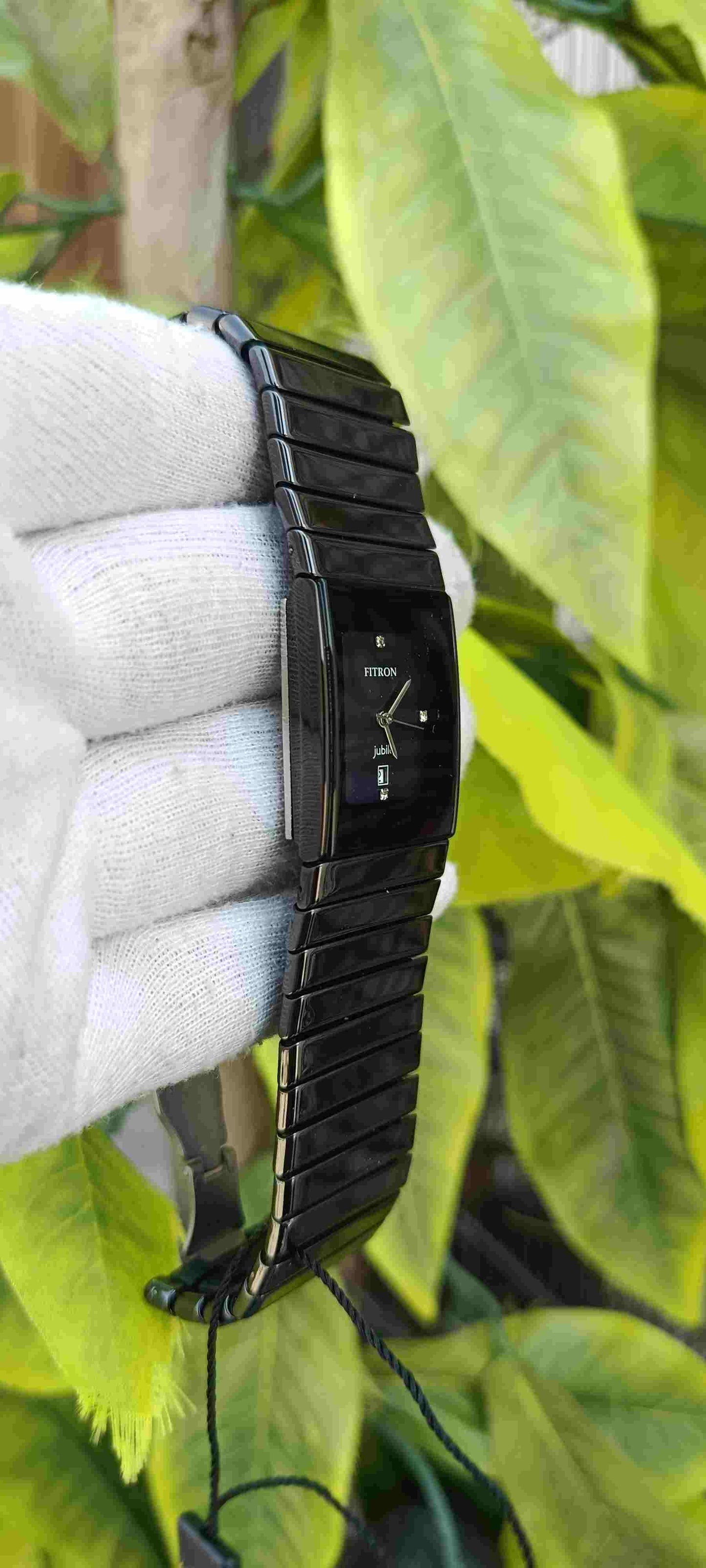 Fitron Jubilee Ceramic Watch – Full Black, Slim Rectangle Case, Crystal Diamond Markers, Date Display