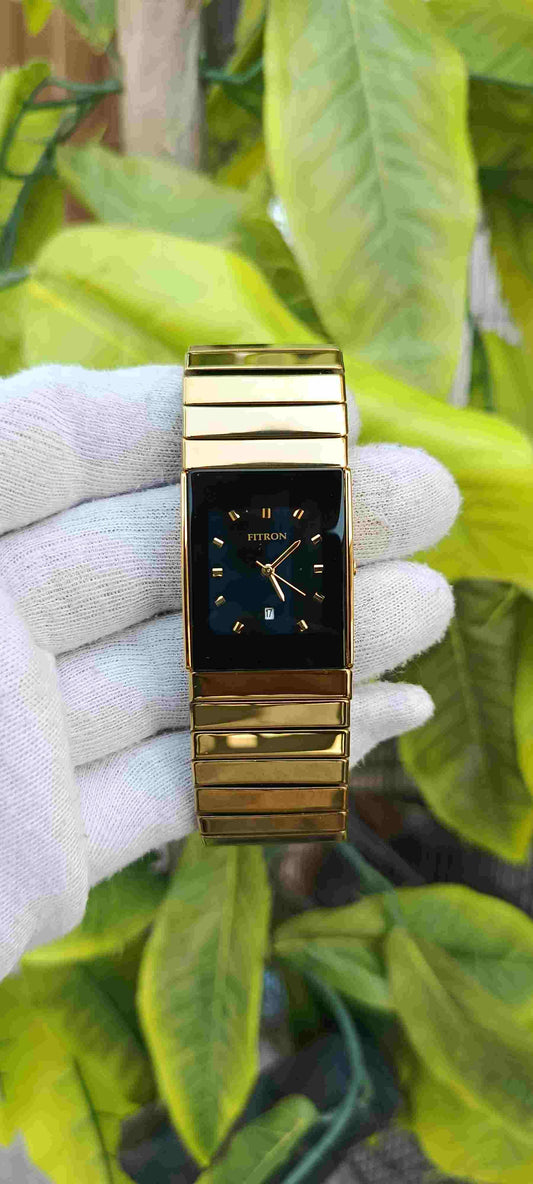 Fitron Watch – Full Gold-Tone, Rectangle Tank Case, Black Dial, Gold Baton Markers, Date Display