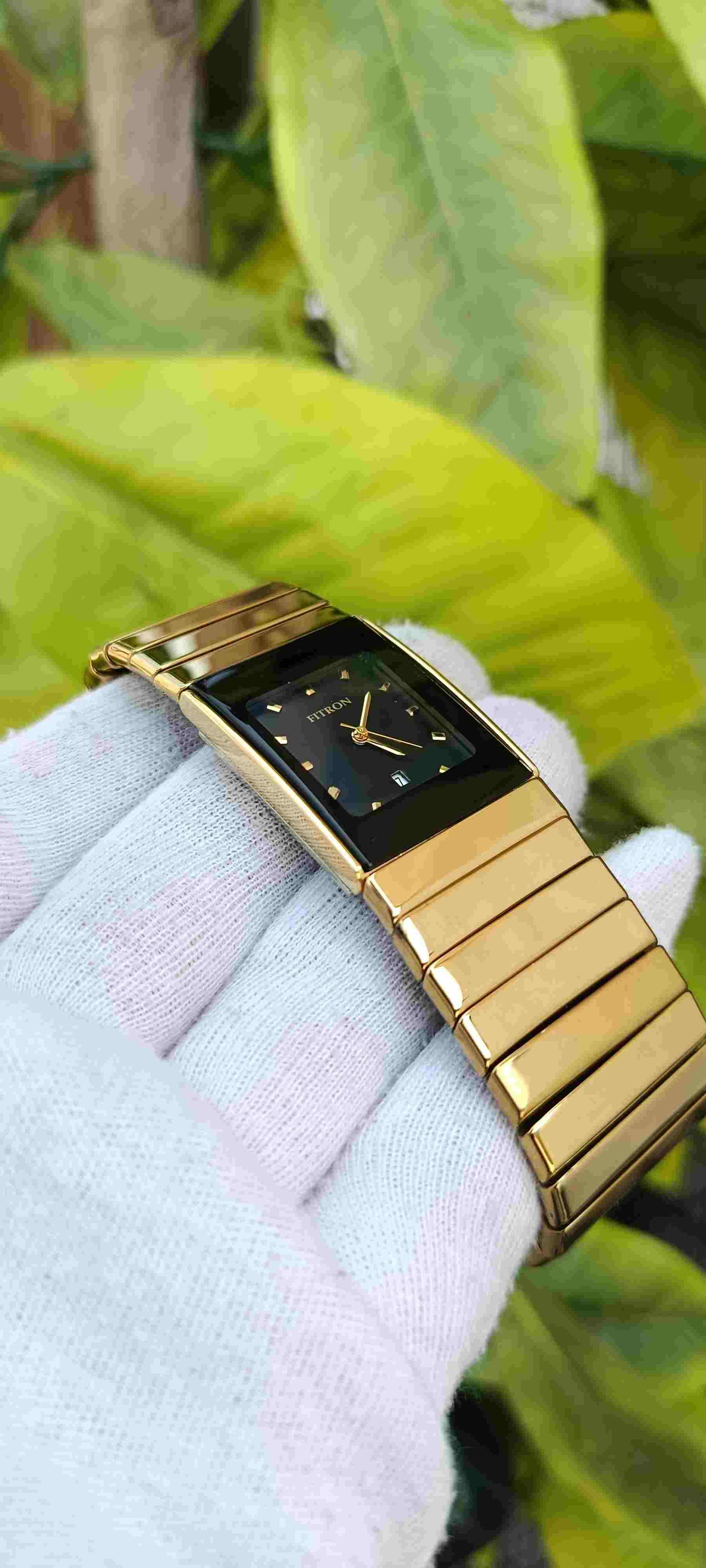 Fitron Watch – Full Gold-Tone, Rectangle Tank Case, Black Dial, Gold Baton Markers, Date Display