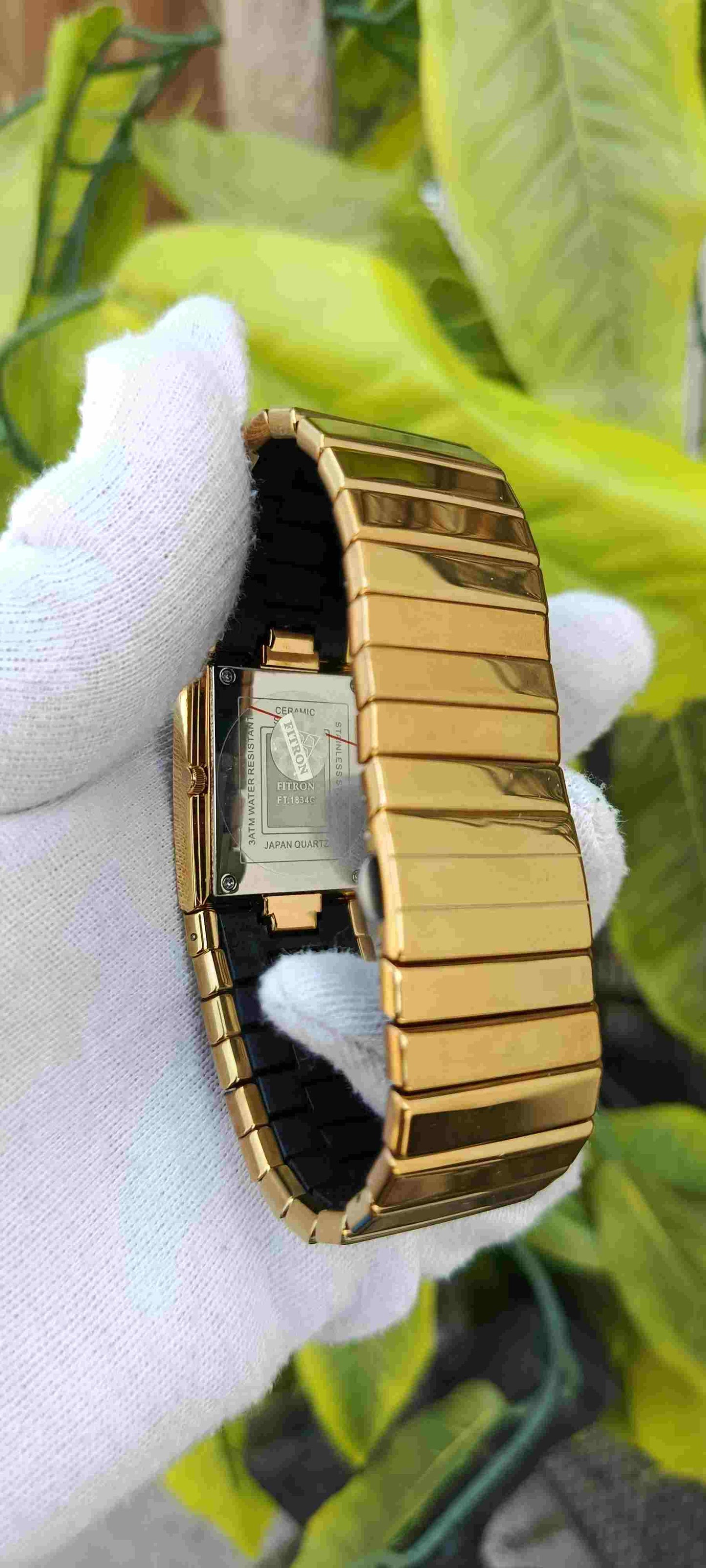 Fitron Watch – Full Gold-Tone, Rectangle Tank Case, Black Dial, Gold Baton Markers, Date Display