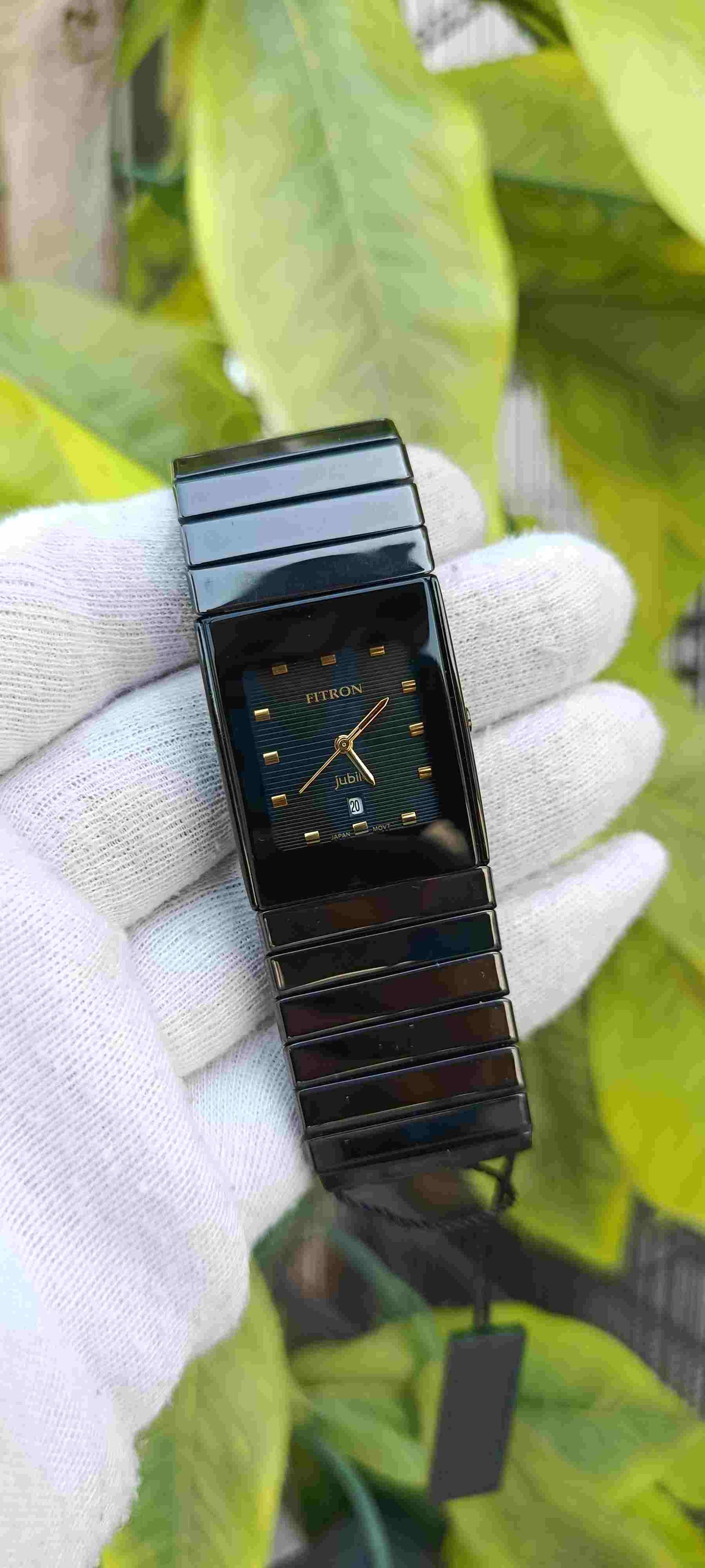 Fitron Jubilee Ceramic Watch – Full Black, Rectangle Tank Case, Gold Markers, Japan Movement, Date Display