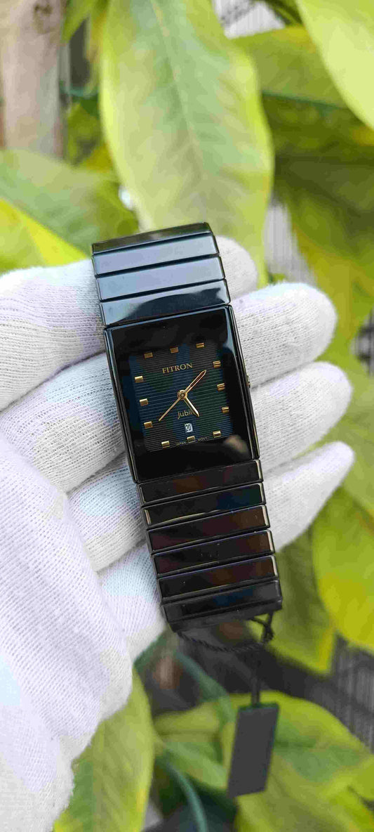Fitron Jubilee Ceramic Watch – Full Black, Rectangle Tank Case, Gold Markers, Japan Movement, Date Display