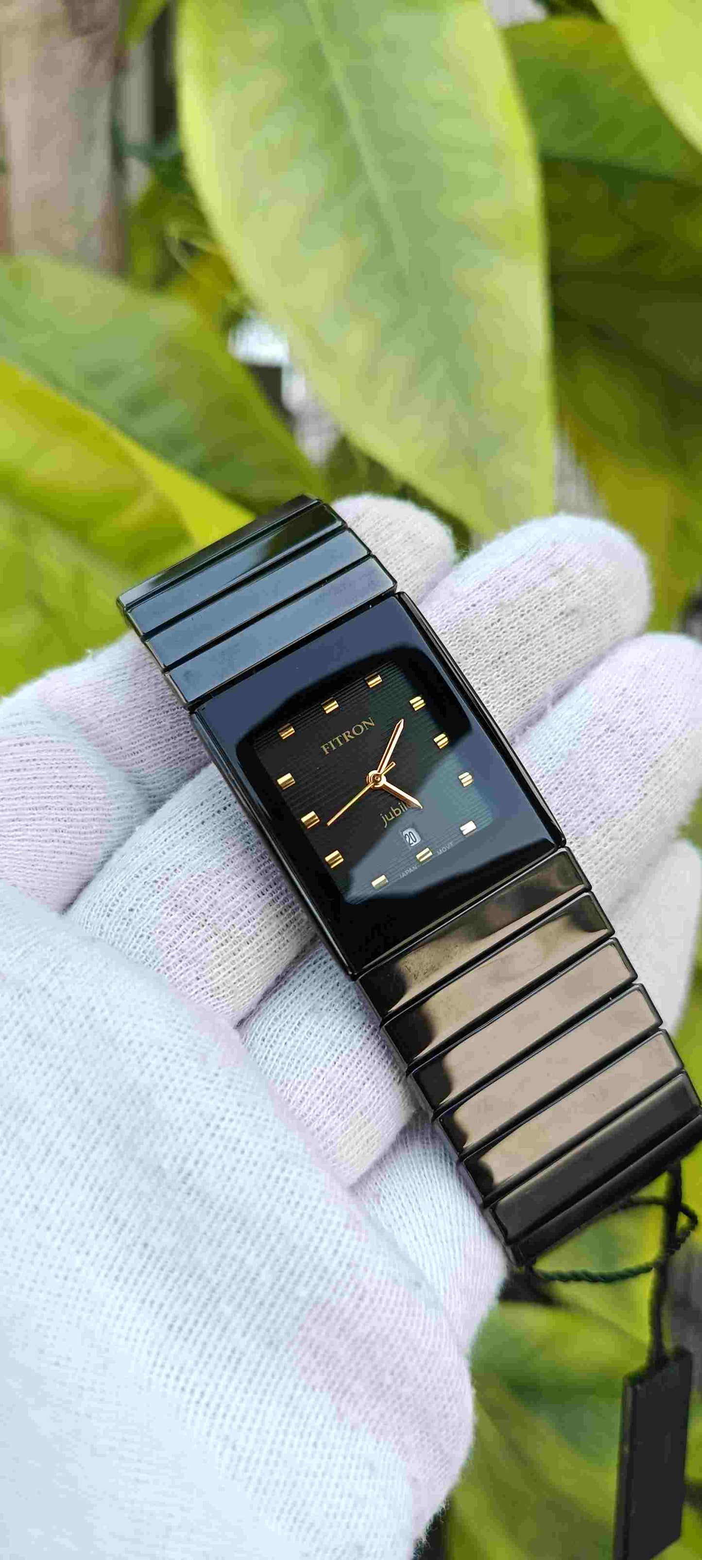 Fitron Jubilee Ceramic Watch – Full Black, Rectangle Tank Case, Gold Markers, Japan Movement, Date Display