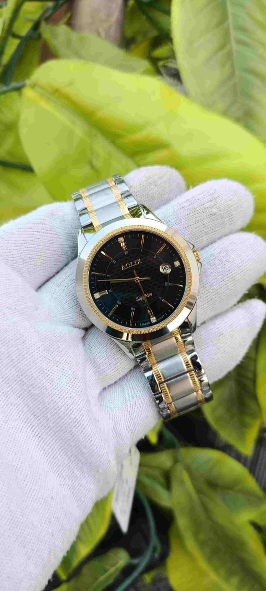 Aolix Sapphire Men's Watch – Black Textured Dial, Japan Movement, Coin-Edge Bezel, Two-Tone Gold & Silver Bracelet, Date Display