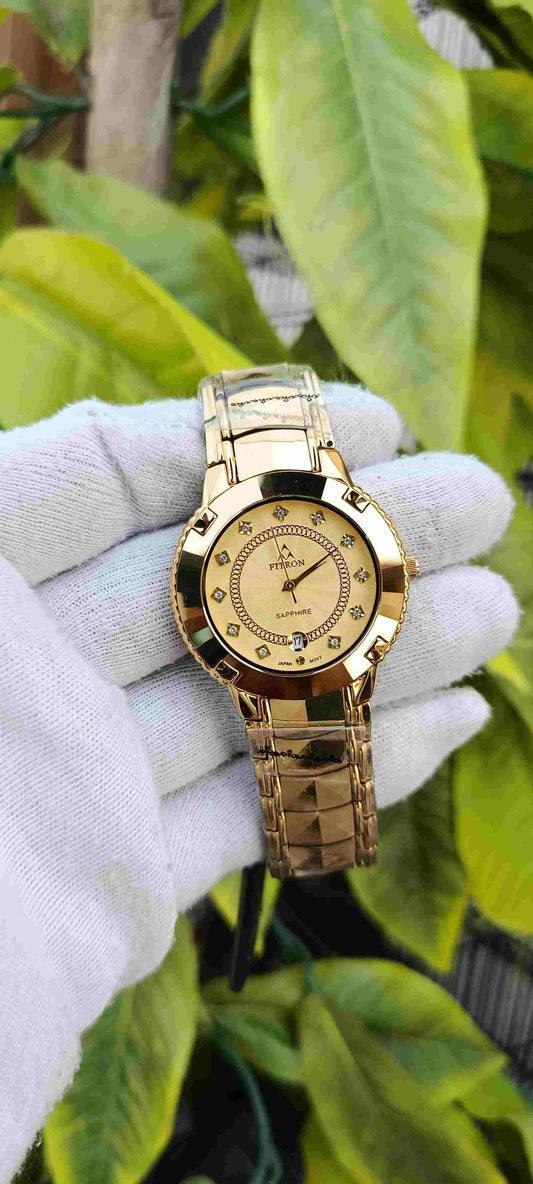 Fitron Sapphire Watch – Full Gold-Tone, Diamond Crystal Markers, Japan Movement, Date Display, Guilloche Dial