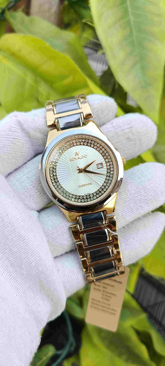 Rovaldo RV-9003 Sapphire Men's Watch – Double Crystal Bezel, White Textured Dial, Black Ceramic & Gold Two-Tone Bracelet, Date Display