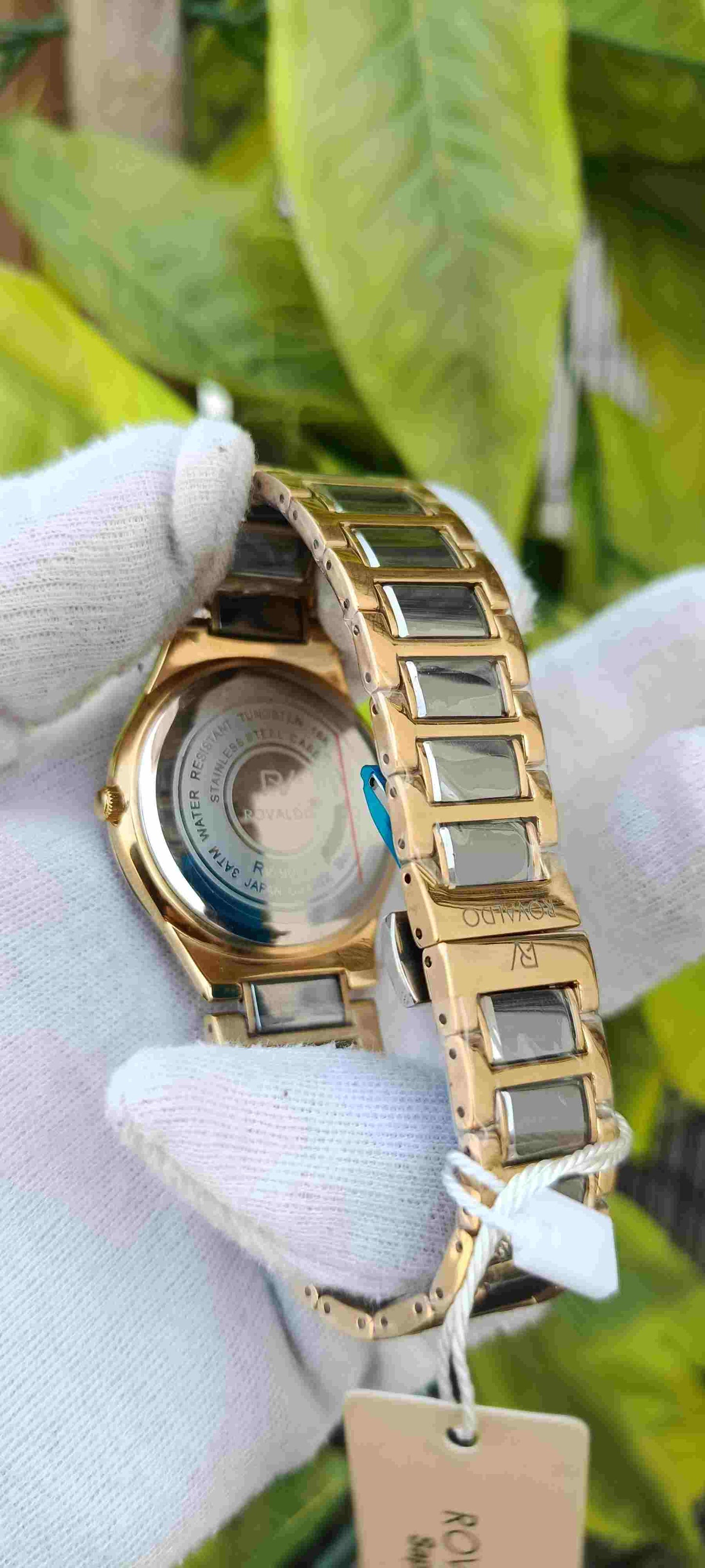 Rovaldo RV-9003 Sapphire Men's Watch – Double Crystal Bezel, White Textured Dial, Black Ceramic & Gold Two-Tone Bracelet, Date Display