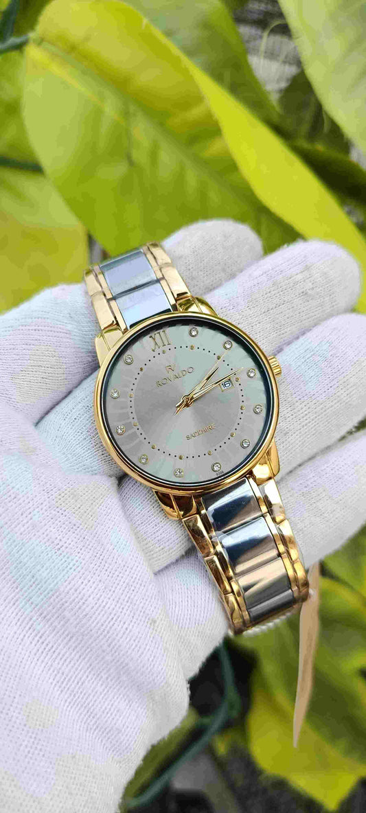 Rovaldo Sapphire Crystal men's Watch – White Dial, Diamond Markers, Two-Tone Gold & Silver Bracelet, Date Display