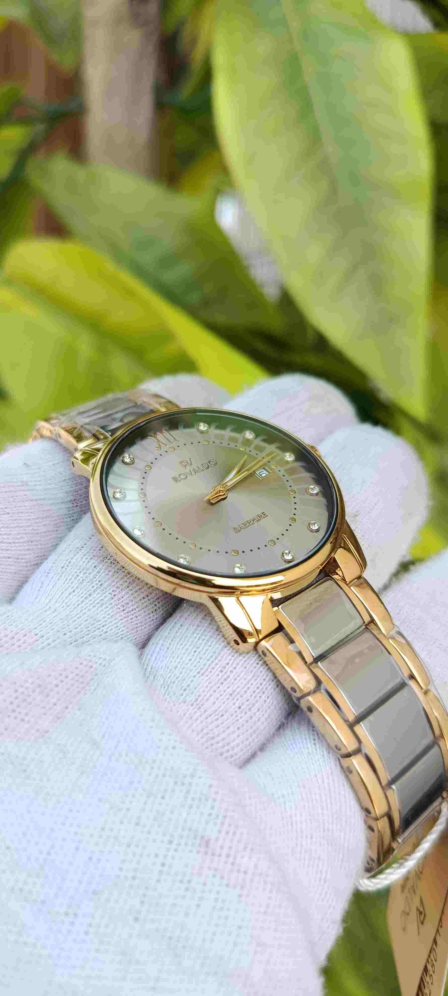 Rovaldo Sapphire Crystal men's Watch – White Dial, Diamond Markers, Two-Tone Gold & Silver Bracelet, Date Display