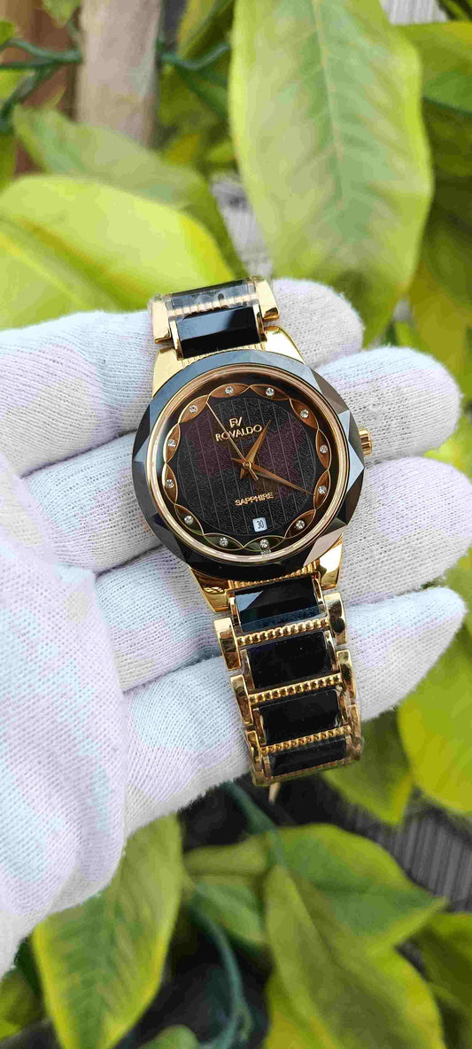 Rovaldo Sapphire Crystal Watch – Black Ceramic & Rose Gold, Diamond Markers, Textured Dial, Date Display