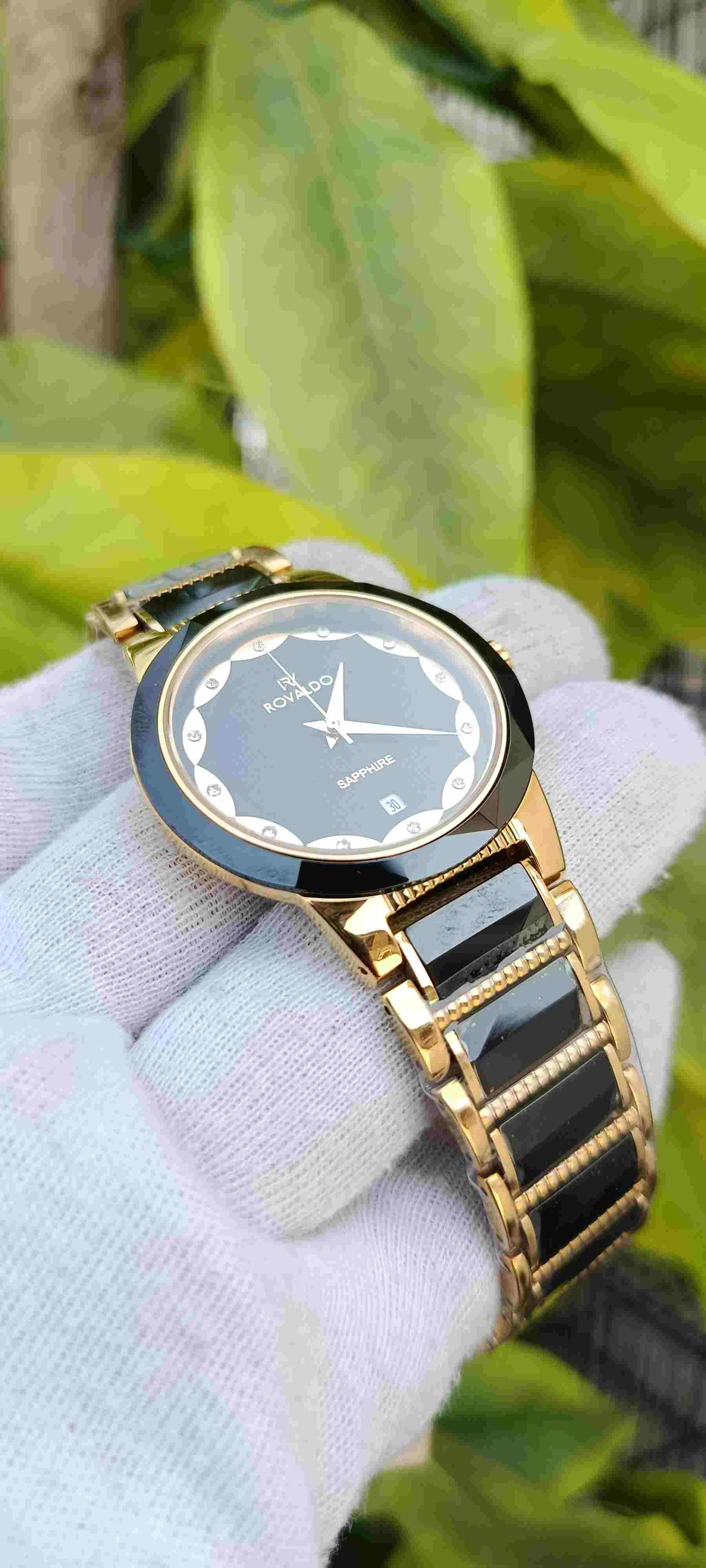 Rovaldo Sapphire Crystal Watch – Black Ceramic & Rose Gold, Diamond Markers, Textured Dial, Date Display