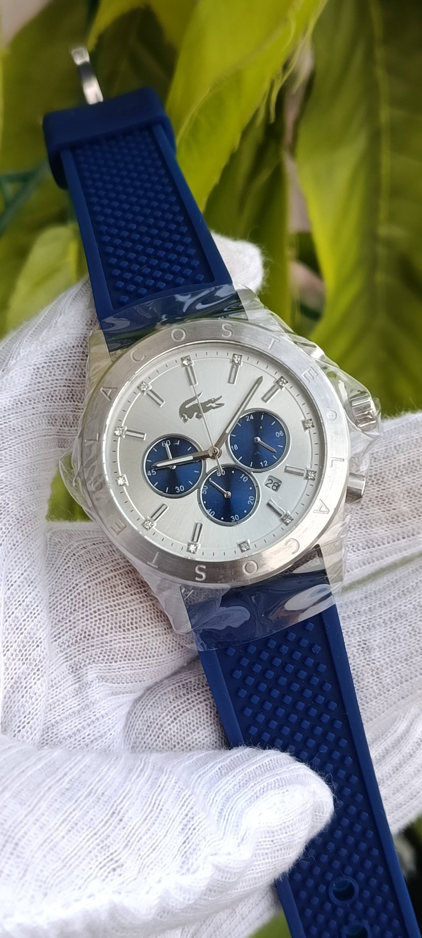 Lacoste Men's Chronograph Watch – Silver Dial with Blue Sub-Dials, Blue Silicone Strap, Stainless Steel Case