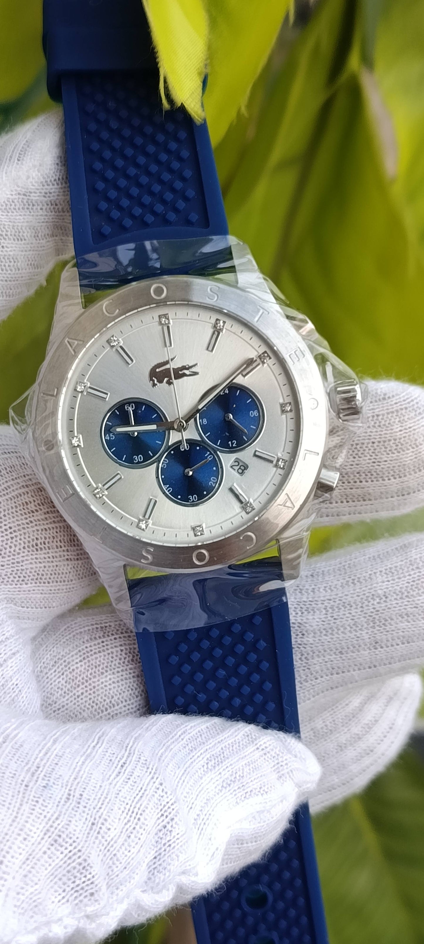 Lacoste Men's Chronograph Watch – Silver Dial with Blue Sub-Dials, Blue Silicone Strap, Stainless Steel Case