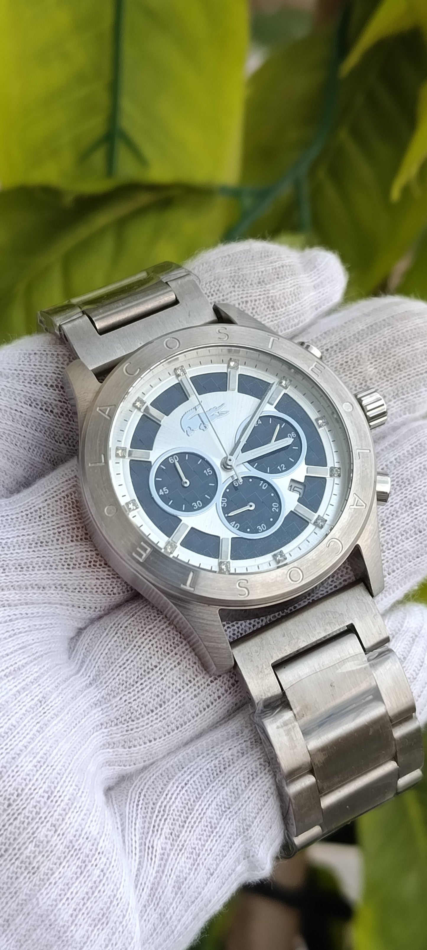 Lacoste Men's Chronograph Watch – White & Black Dial with Carbon-Fiber Sub-Dials, Stainless Steel Bracelet