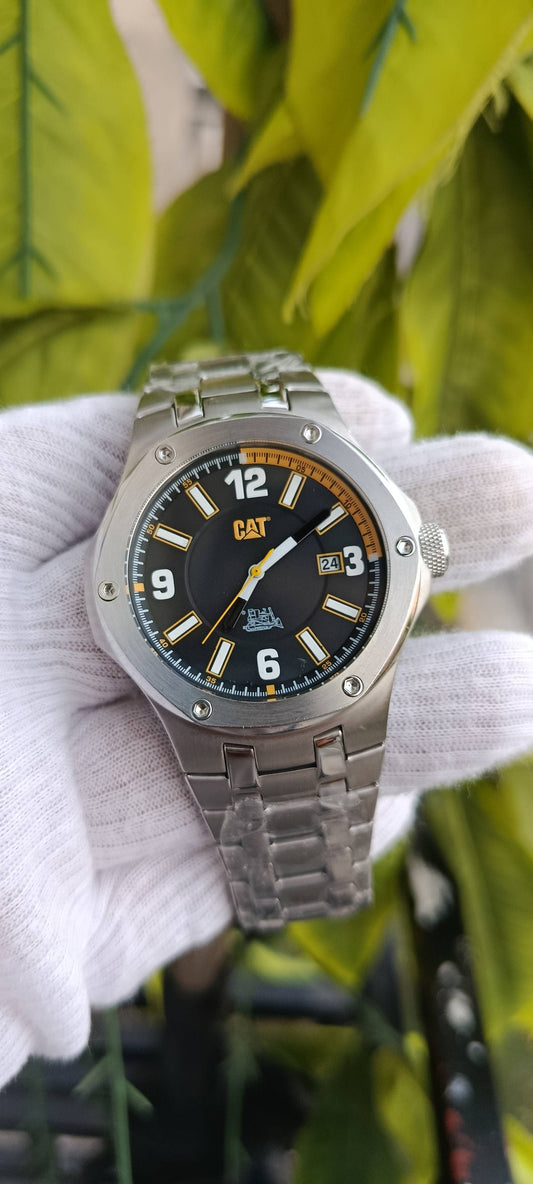 CAT (Caterpillar) Men's Watch – Black Dial with Orange Accents, Stainless Steel Bracelet, Date Display