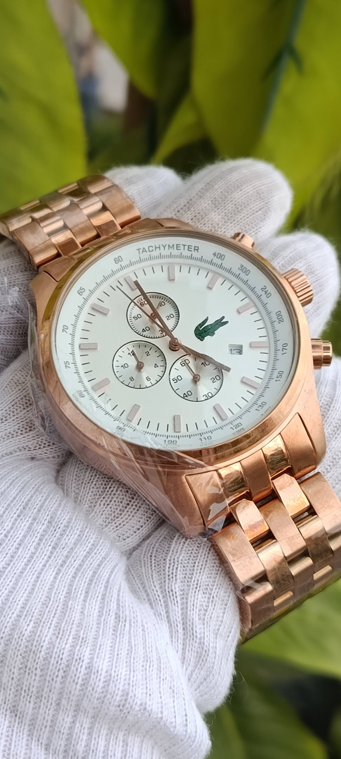 Lacoste Men's Chronograph Watch – Rose Gold Case, White Dial with Tachymeter Bezel, Rose Gold Bracelet