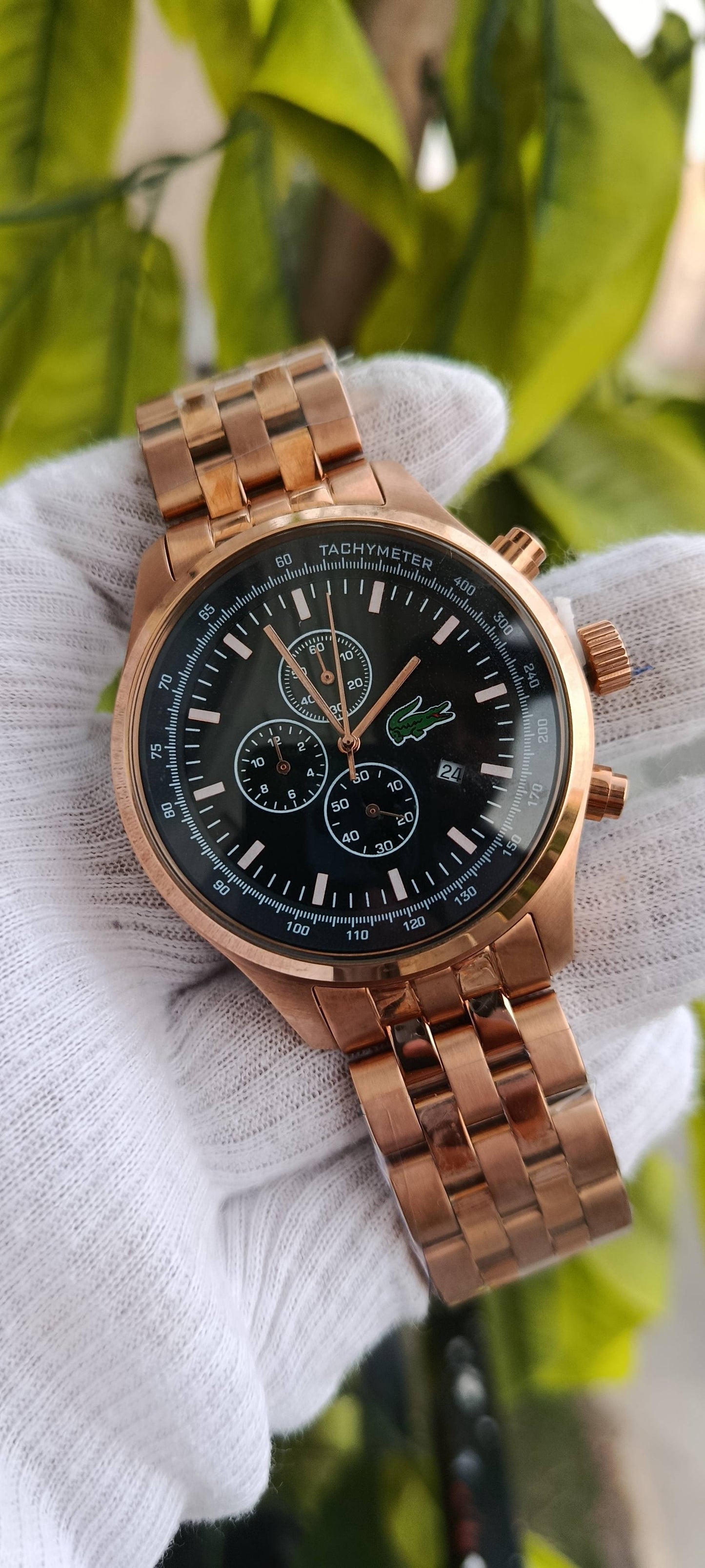Lacoste Men's Chronograph Watch – Rose Gold Case, Black Dial with Tachymeter Bezel, Rose Gold Bracelet