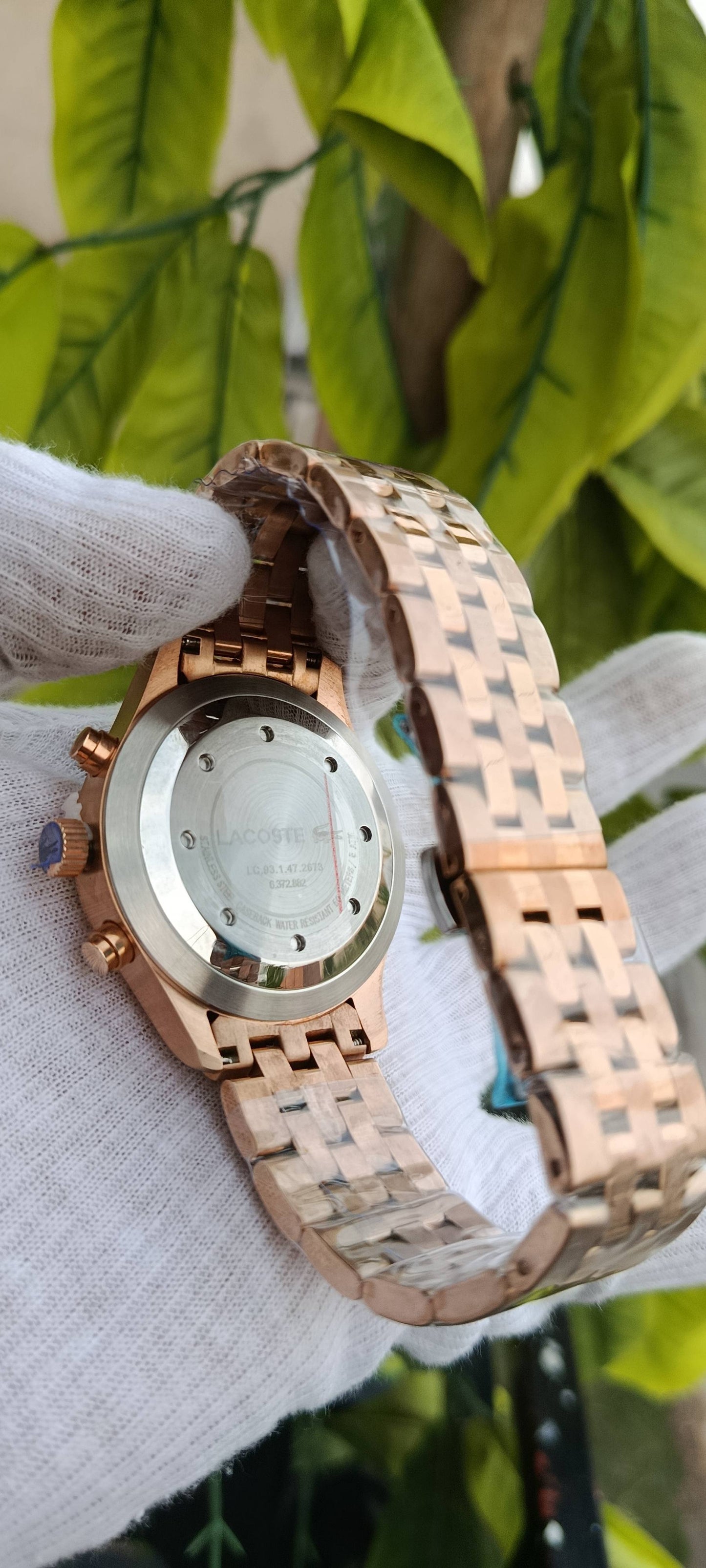 Lacoste Men's Chronograph Watch – Rose Gold Case, White Dial with Tachymeter Bezel, Rose Gold Bracelet