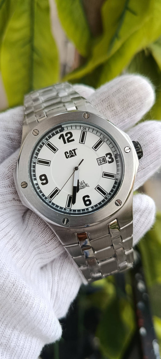 CAT (Caterpillar) Men's Watch – White Dial, Stainless Steel Case & Bracelet, Date Display