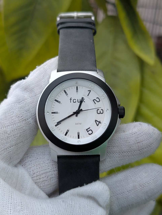 FCUK Men’s Analog Watch White Dial with Black Leather Strap